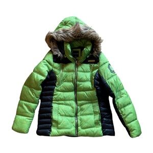 Chartreuse Puffer Coat with Faux Fur Lined Removable Hood